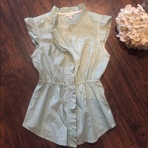 •Odille• Anthropologie Green and White Ruffled Top